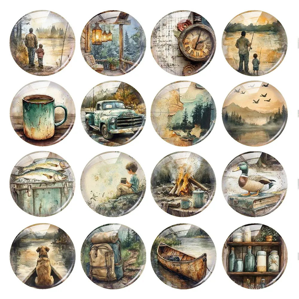 Random Mixed Round/Oval/Square Retro Wild Camping Watercolor Photo Glass Cabochon Flatback Demo Cameo For Diy Jewelry Making