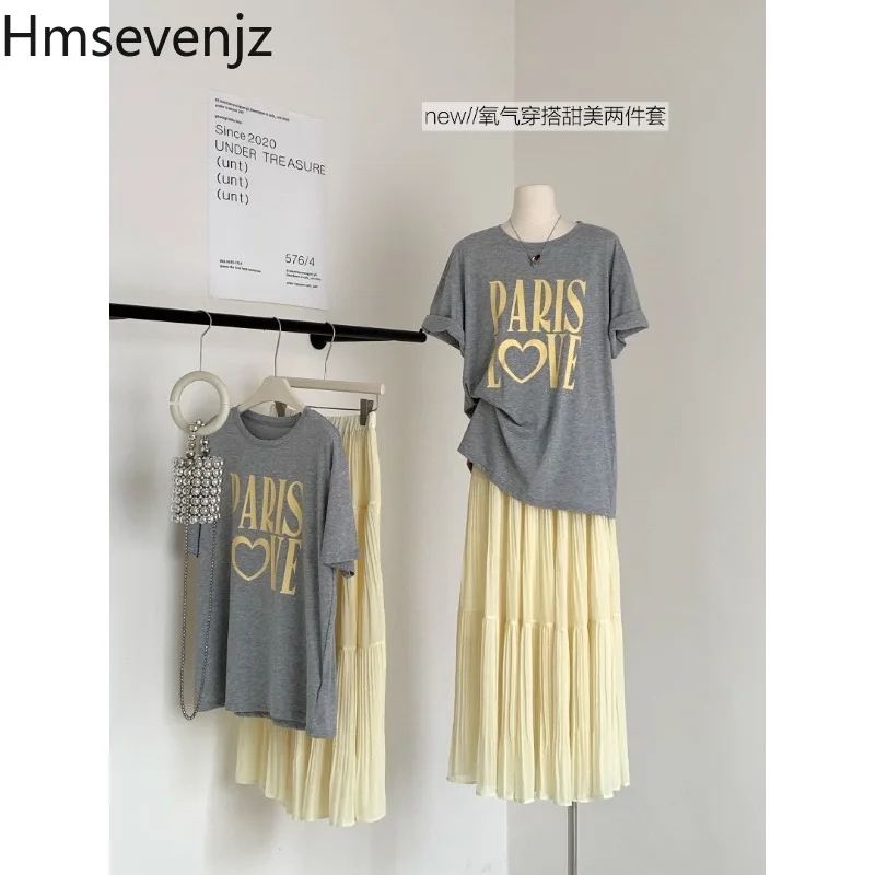 

Hmsevenjz Casual Set Women's Summer Letter Printed Short-sleeved T-shirt High Waist Pleated Skirt Two-piece Set Female Clothes
