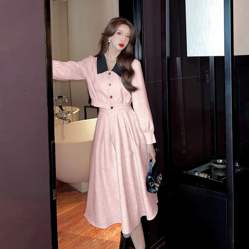 

Sweet Lady Style Two Piece Suit Women Autumn Short Small Top A-line High Waist Umbrella Skirts Special Graceful Female Set