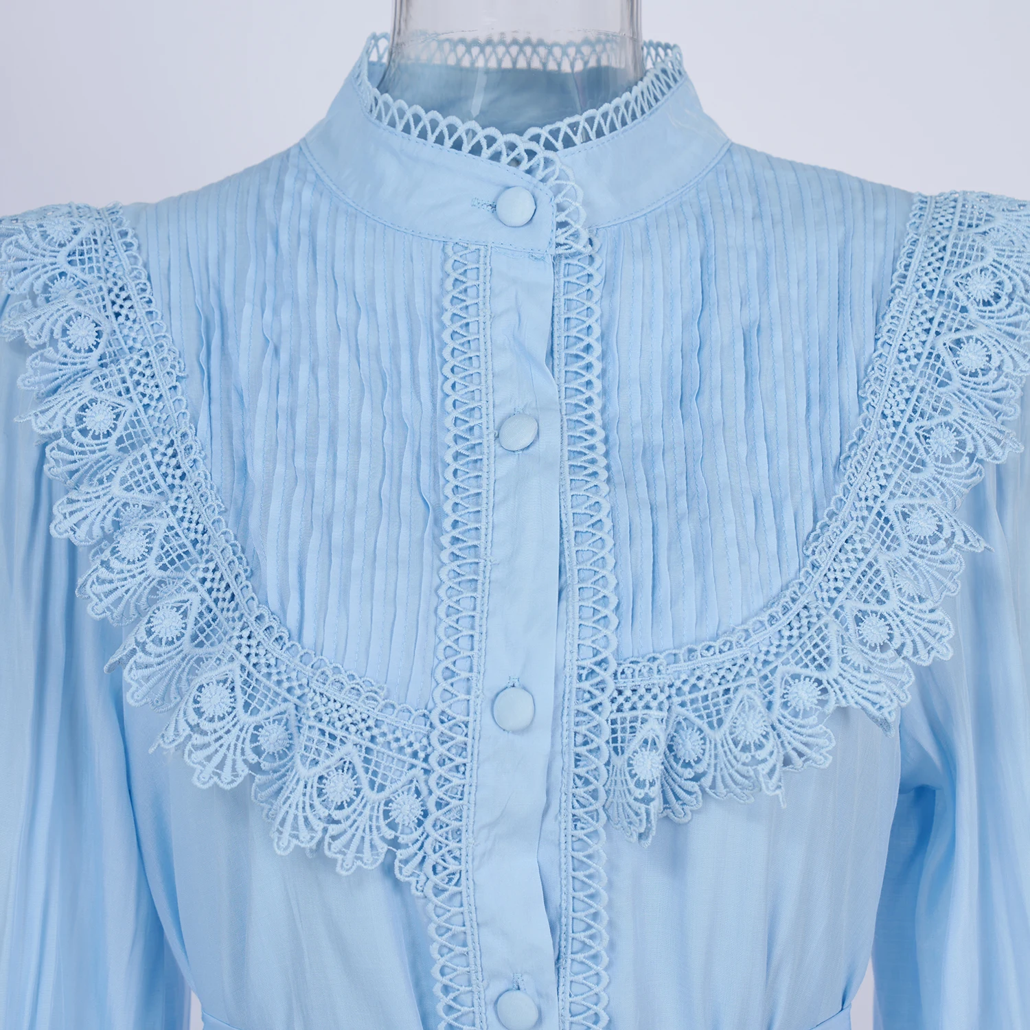 Fashion Elegant Hollow Out Embroidery Long Prom Dress Women's Stand Ruffles Lace Lantern Sleeve Single Breasted Long Vestidos