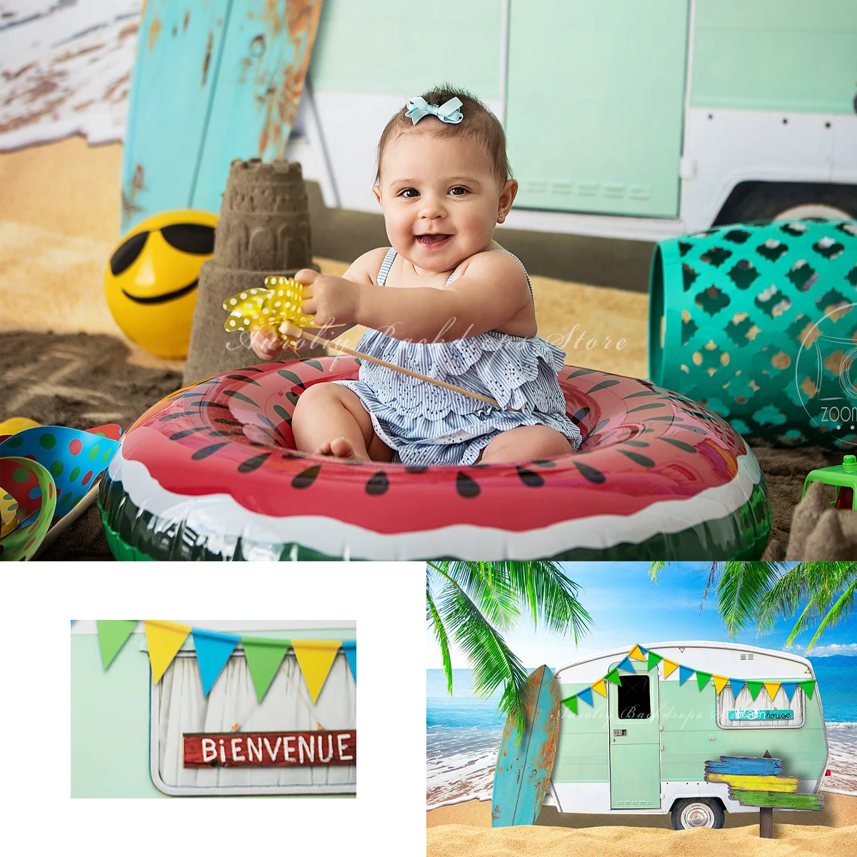 

Beach Summer Vacation Backgrounds Tour Bus Kids Adult Photography Props Child Baby Beach Palm Trees Decors Photo Backdrops