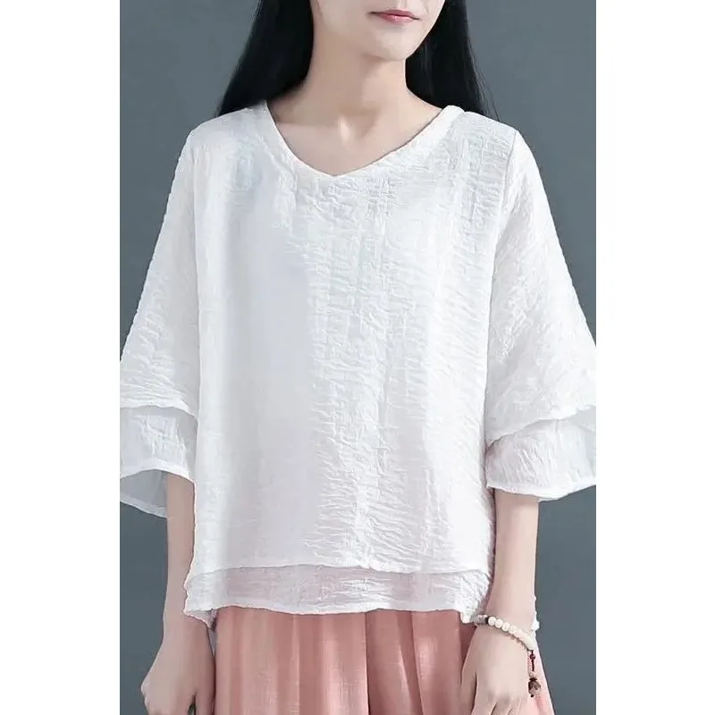 

Женская винтажная двухслойная льняная блузка с V-образным вырезом и рукавами 3/4, свободный повседневный летний топ