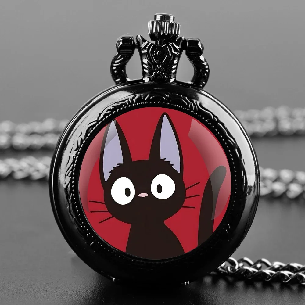 

Anime Black Cat Glass Dome Quartz Pocket Watch Arabic Dial Vintage Men Women Necklace Pendant Creative Clock Children Gift