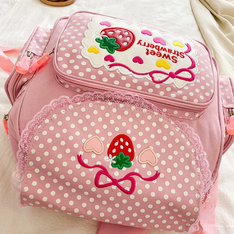 Kawaii Kids School Bag Cute Strawberry Embroidery Dots Student Mochila Multi-Pocket Nylon Fashion Backpack for Teenager Girl