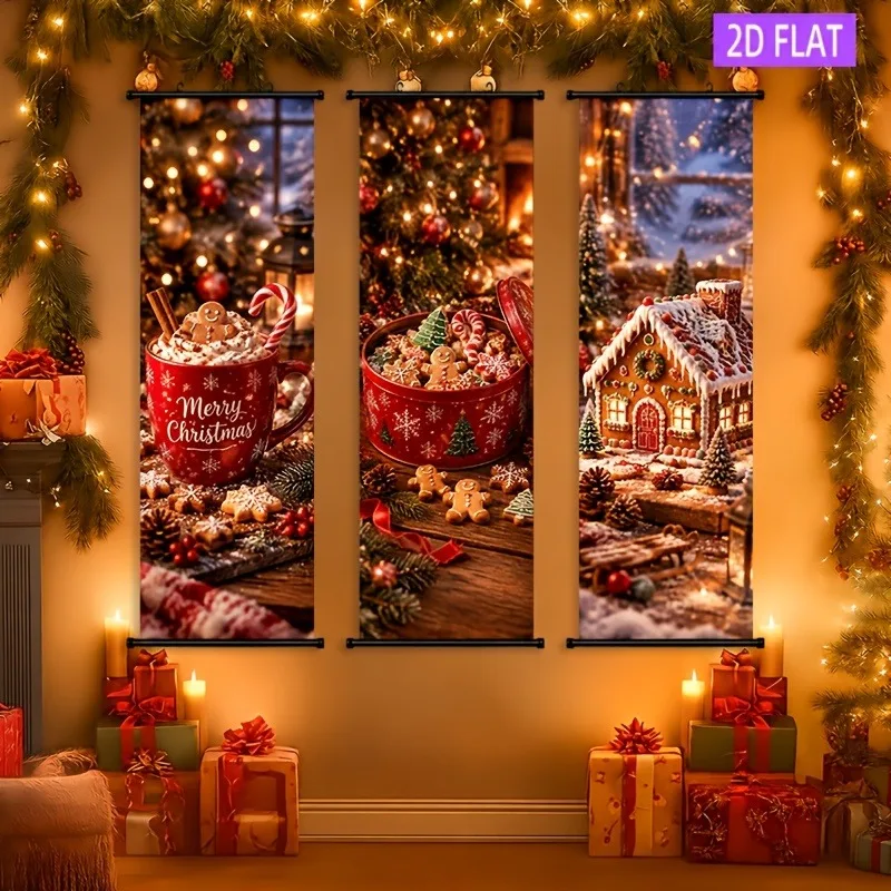 VIKAMA Christmas 3-Piece Hanging Banner Set, Santa Snowman Elf Portrait Wall Tapestry for Xmas Bedroom Living Room Decor