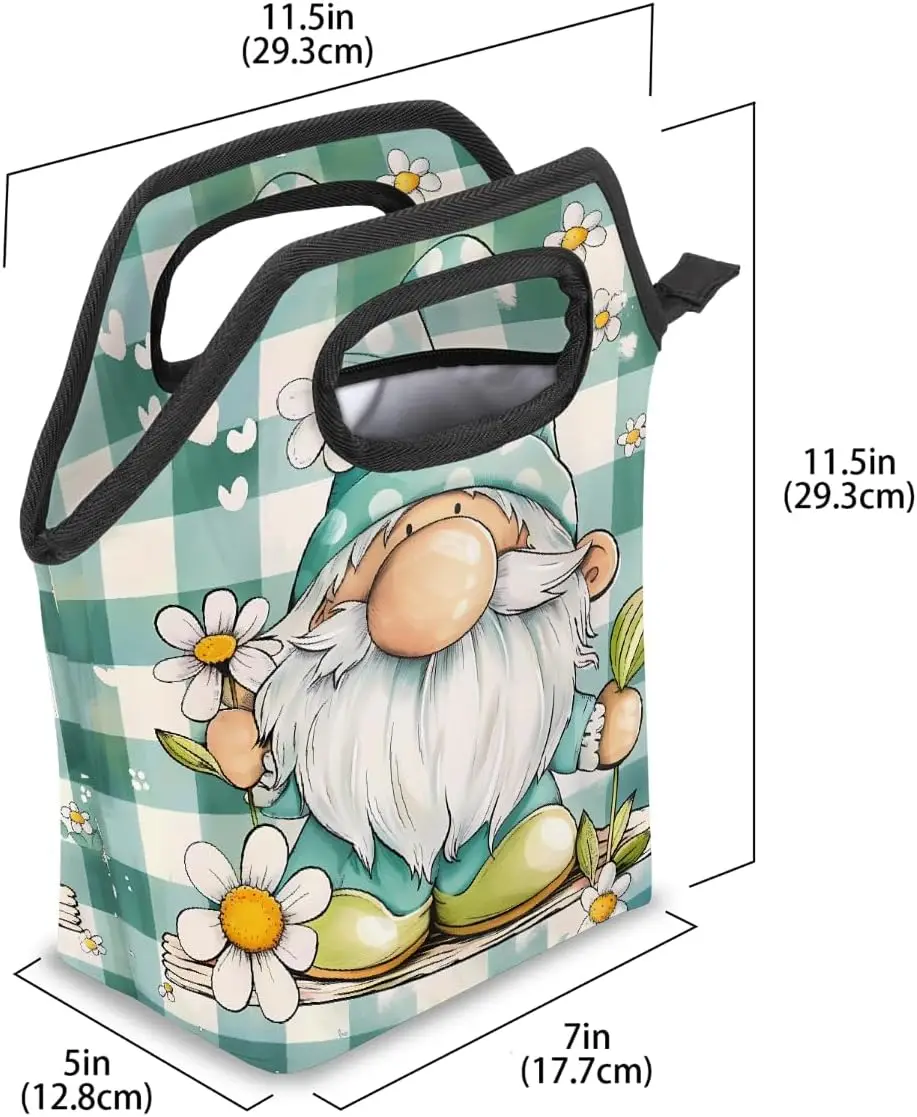 Lunch Bag Insulated Lunch Box Teal Gnome Daisy Plaid Waterproof Lunch Tote Bags for Kids Girls Boys Women Men