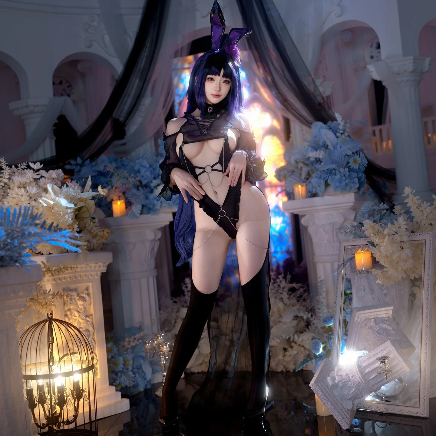 

Women Black Bunny Role-Play Costume Set Reduvia Cosplay Sheer Mesh Top Long Sleeve Maxi Skirt Intimate Lingerie Outfit