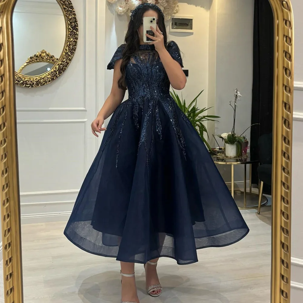 Customized Evening Party Dresses Wedding A-line Pleat Illusion Short Sleeve Sexy Ankle-Length Tiered Lace Prom Gown for Women