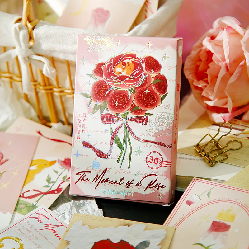 

30Pcs Boxed Postcards: “A Moment with a Rose”—A Romantic Confession Gift for Lovers, Decorative and Artistic Cards