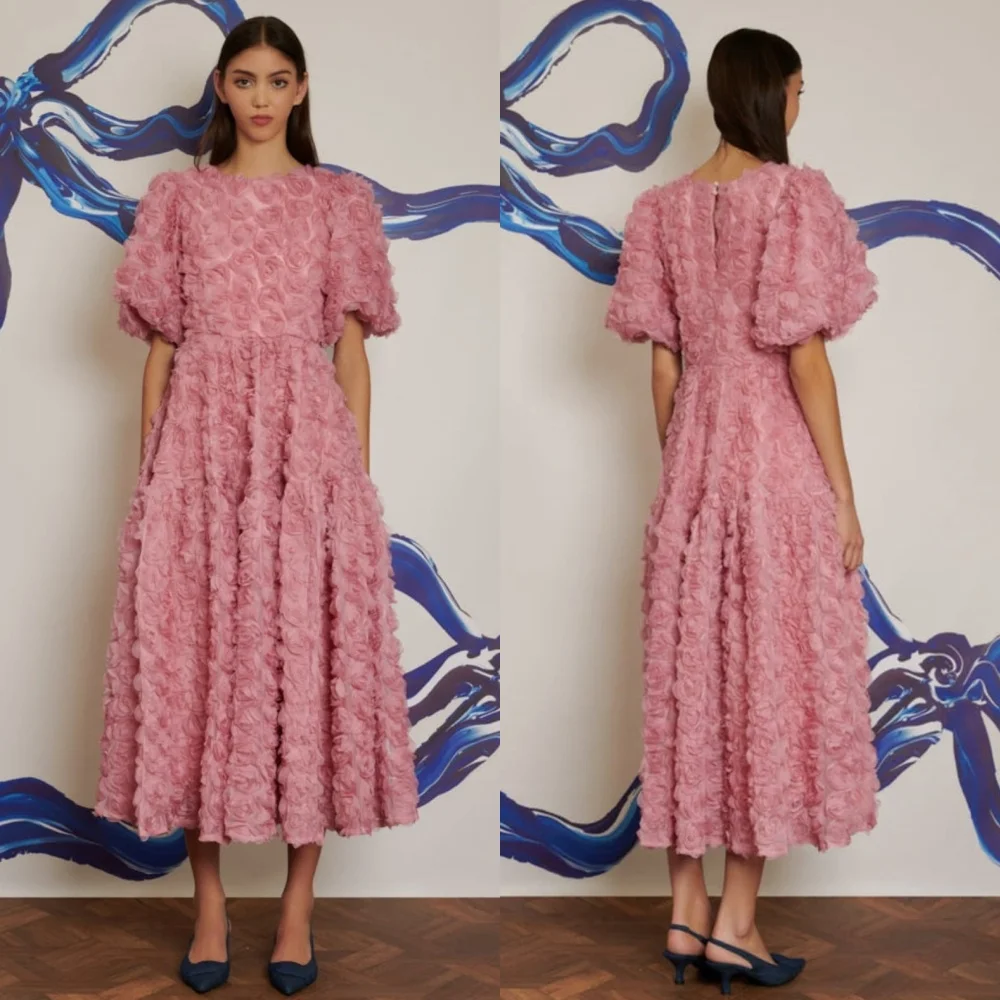 

Customized Modern Style High Quality Flower Pleat Draped A-line Scoop Neck Midi Dresses Bespoke Occasion Dresses Pastrol Simple