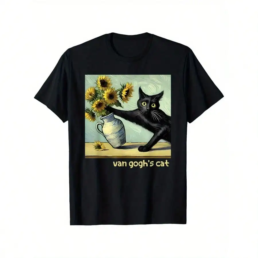 

Van Gogh-Inspired Black Cat With Sunflowers Art T-Shirt, 100% Cotton, Funny & Stylish Crewneck Short Sleeve For Men, Women