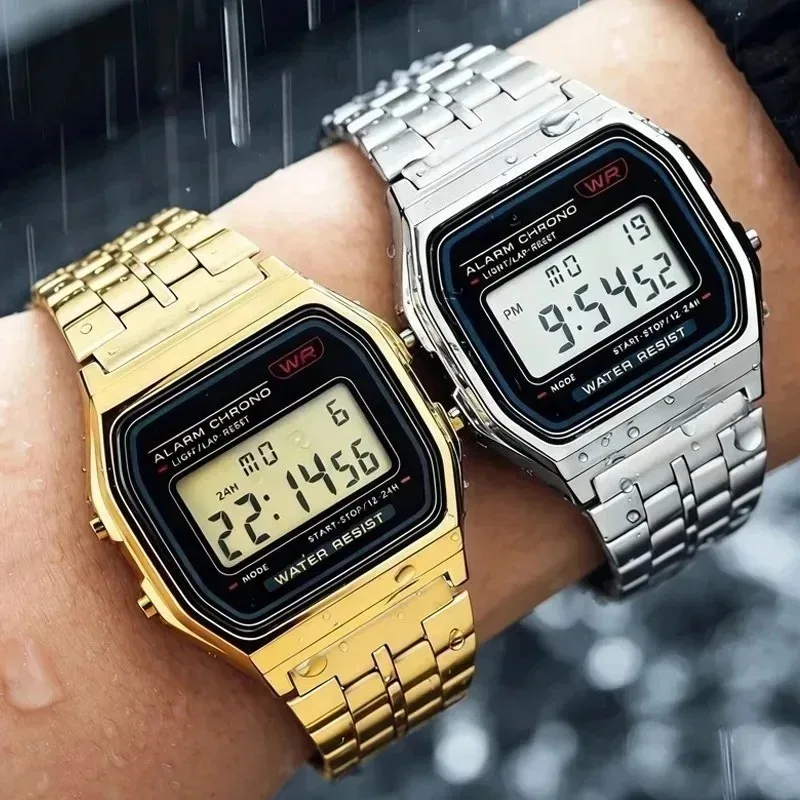 Immagine 4: Orologi di Lusso F91W con Cinturino in Acciaio, Orologio Digitale LED con Bracciale in Acciaio Inossidabile, Orologio Elettronico da Polso per Uomo e Donna