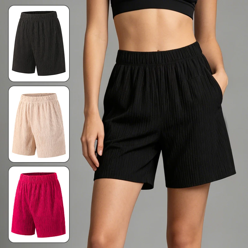 Summer women's solid color soft texture fashionable shorts, comfortable and versatile, elastic waisted home shorts with pockets