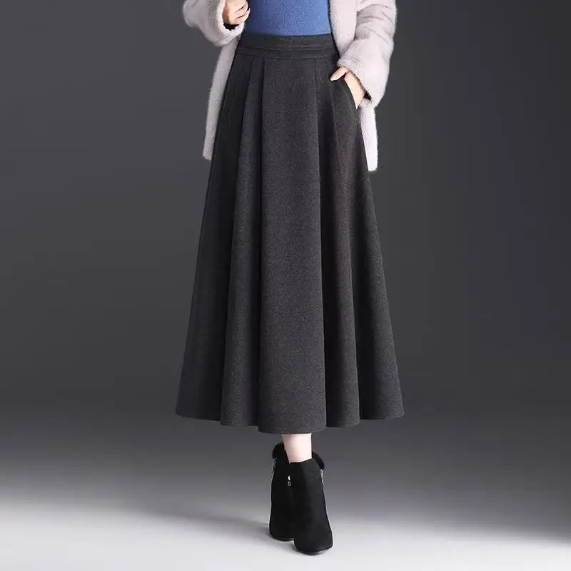 Solid Woolen Skirt Women Autumn Winter Elastic High Waist Pocket Simple Elegant Office A Line Lady Long Skirt 2 Colors