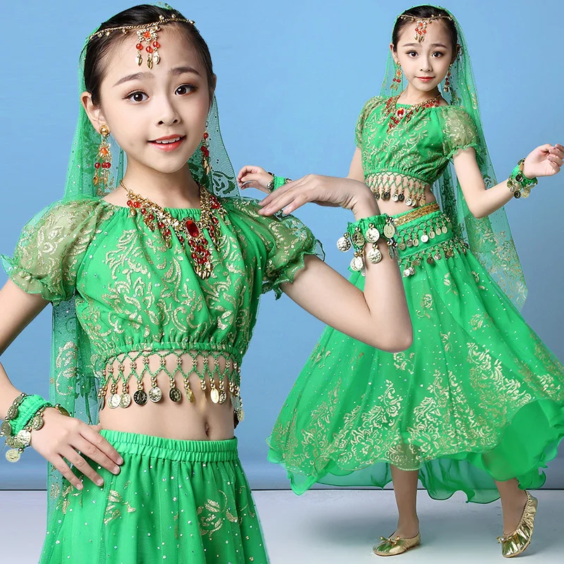 4pcs/set New Kids Belly Dance Costume Set Oriental Indian Dancing Costumes Belly Dance Wear Dress Indian Clothes for Girls