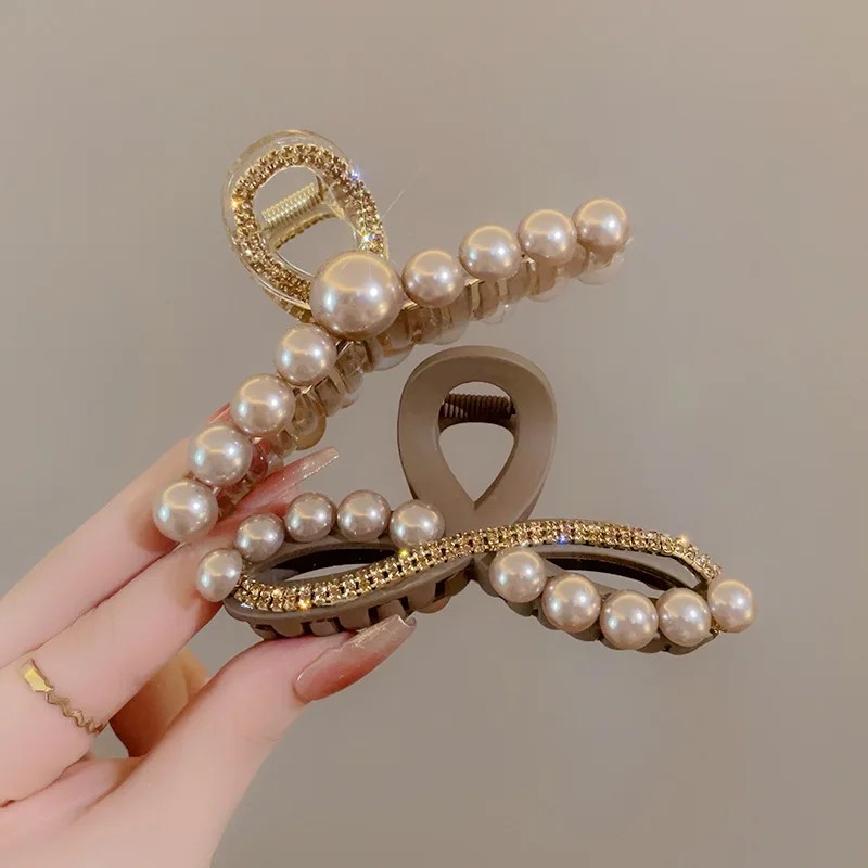 Champagne Color High-end Imitation Pearl Rhinestone Large Fashionable Girl\'s Back Hair Clip