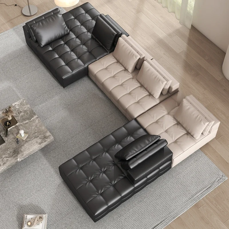 Leather sofa Italian minimalist living room large apartment straight row