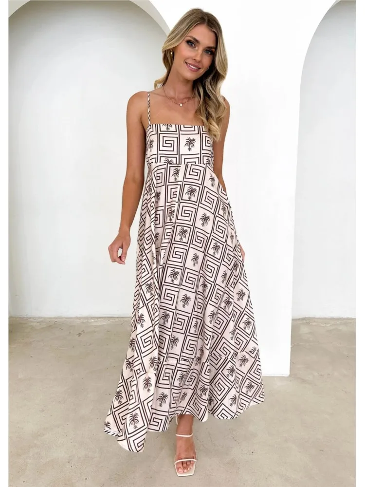 

Dress Women Elegant Summer Sexy Spaghetti Strap Long A Line Dresses Loose Print Floral Each Party Club Robe Backless Vestidos