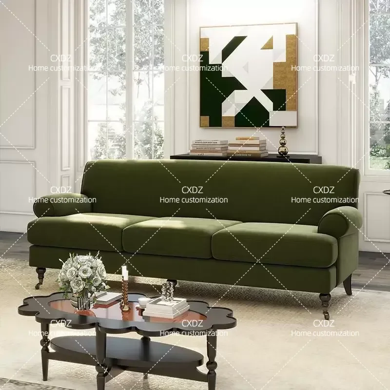 Retro Army Green Fabric Sofa Light Luxury Straight Row Couch for Small Apartment Living Room Single Double Three Seater