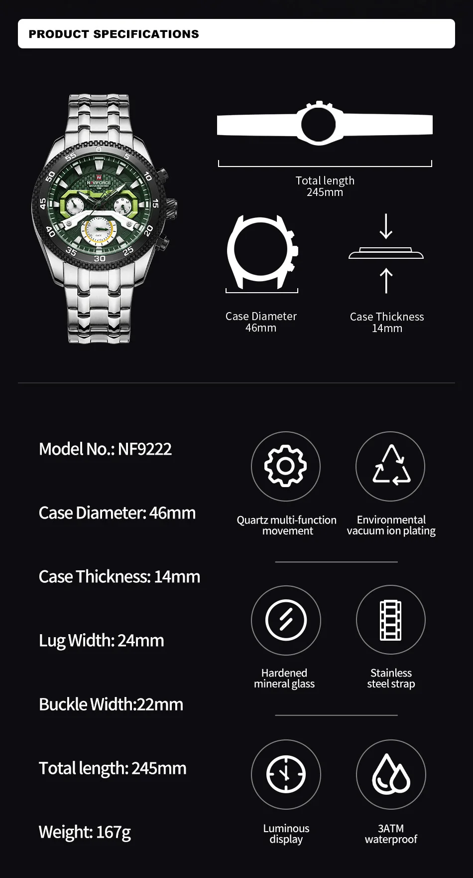 NAVIFORCE Brand Luxury Men Watch Sport Waterproof Quartz Calendar Wristwatch Stainless Steel Strap Lumoinous Clock Reloj Hombre