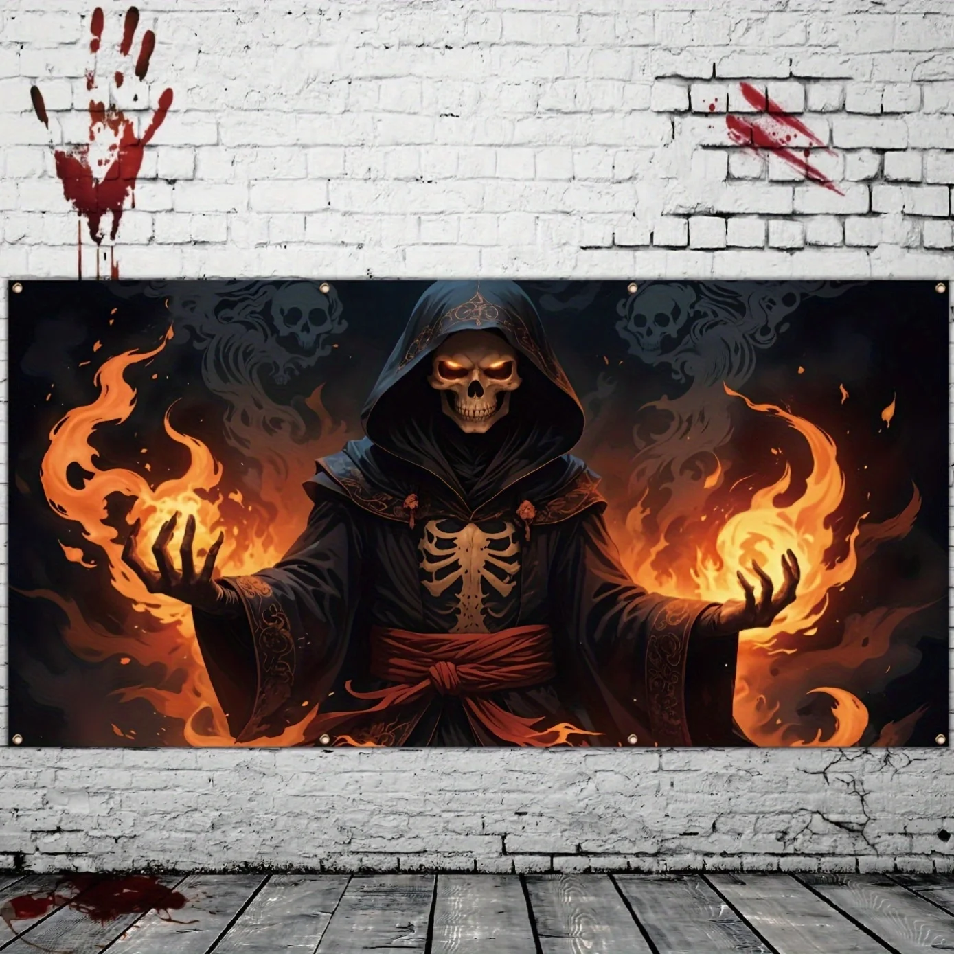Eine große Garagendekoration für den Außenbereich und Festival-Feier-Requisite mit einem Halloween-Hintergrund eines Totenkopf-Magiers