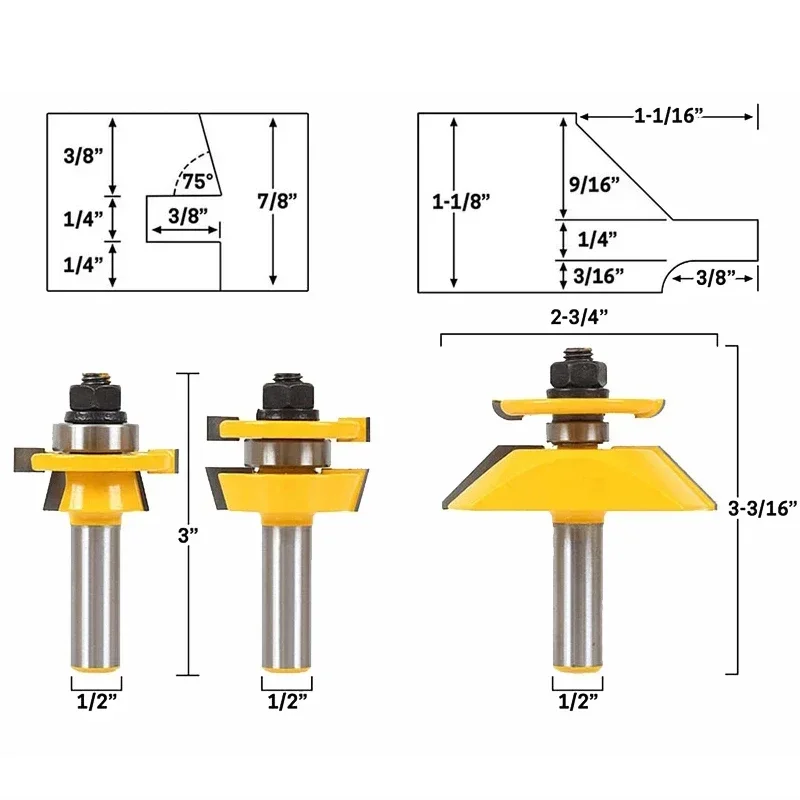 3pcs 12mm 1/2 Shank Rail Stile Router Bit Set Door Woodworking Cutter Mortise and Tenon