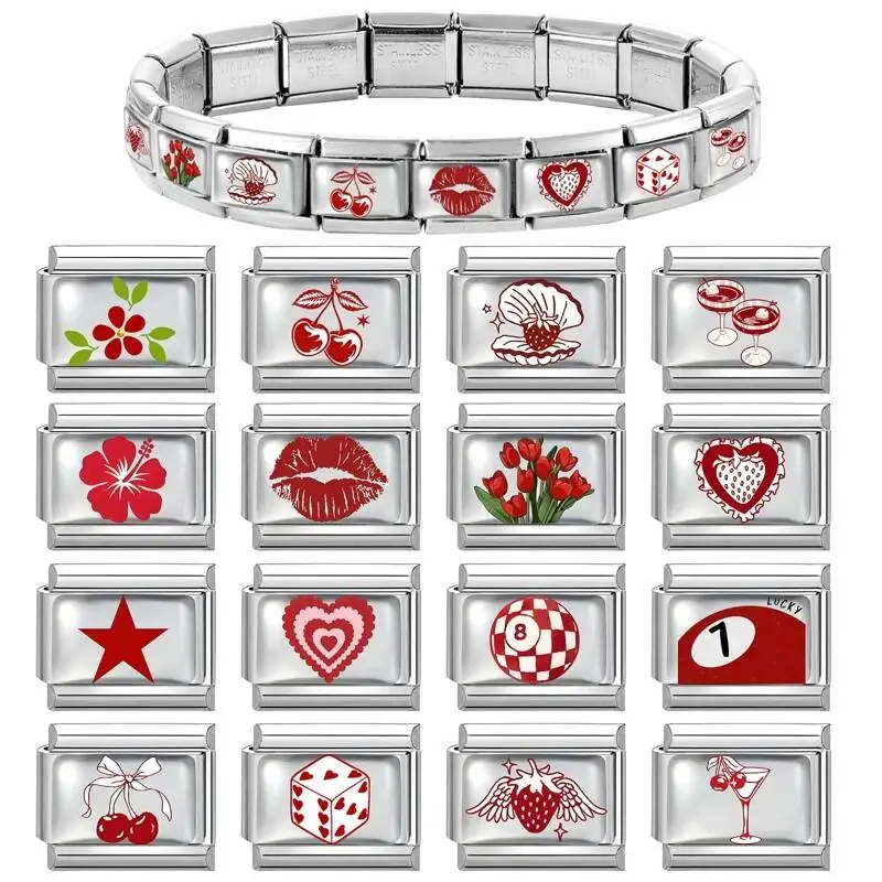 New Oil Dripping Red Heart Star Cherry Italian Charm Links Fit 9Mm Stainless Steel Women Men Bracelet DIY Making Jewelry Gifts