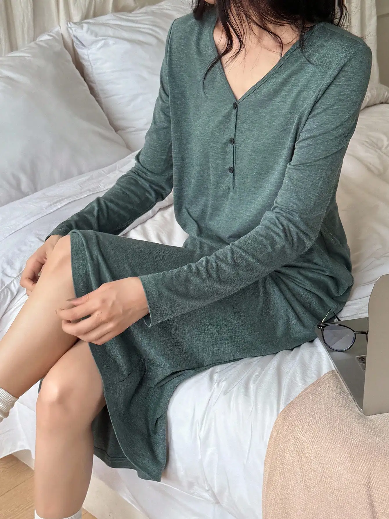 

JHJN Dark Green Knitted Dress Loose Leisure Nightgown Long Style Long Sleeves V-neck Comfortable Home Clothes For Women
