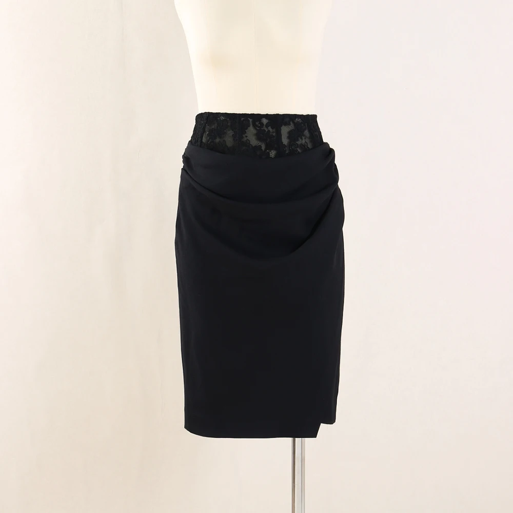 

Y2K Fishbone Lace Patchwork Skirt for Women Side Zipper Wool Blend Elegant Commuter Straight Skirt with Slit Hem Fall New