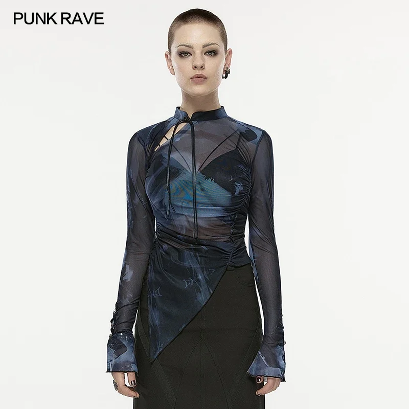 

PUNK RAVE Women's Chinese Style Abstract Printed Long-sleeved T-shirt Punk Sexy Modified Cheongsam Collar Irregular Hem Tops