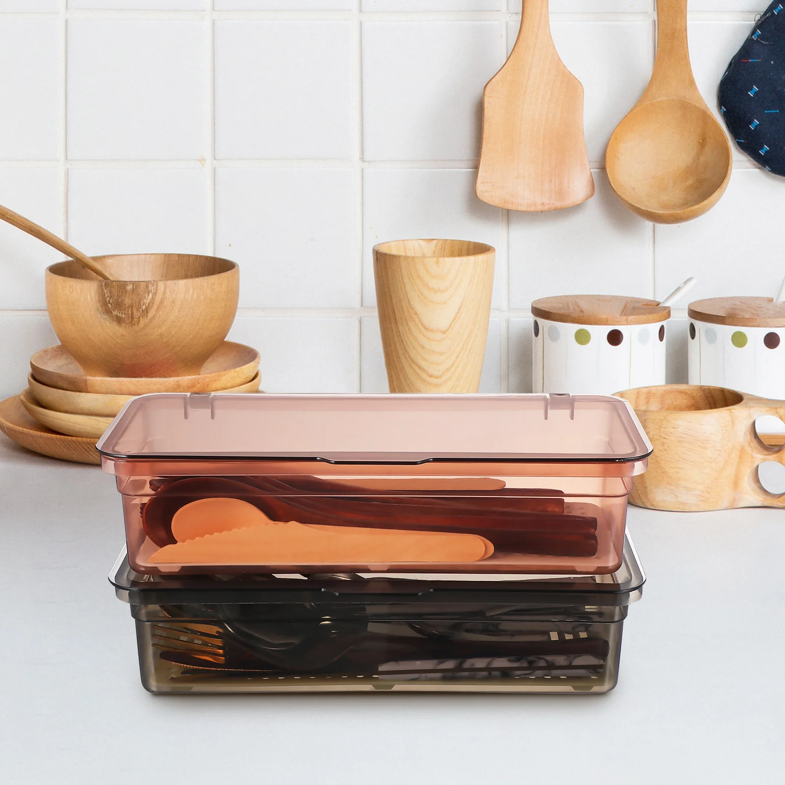 Bandeja de talheres drenável, 2 peças, plástico de qualidade alimentar, organizador de talheres, tampa, caixa de armazenamento de cozinha, recipiente de utensílio, gaveta de bancada