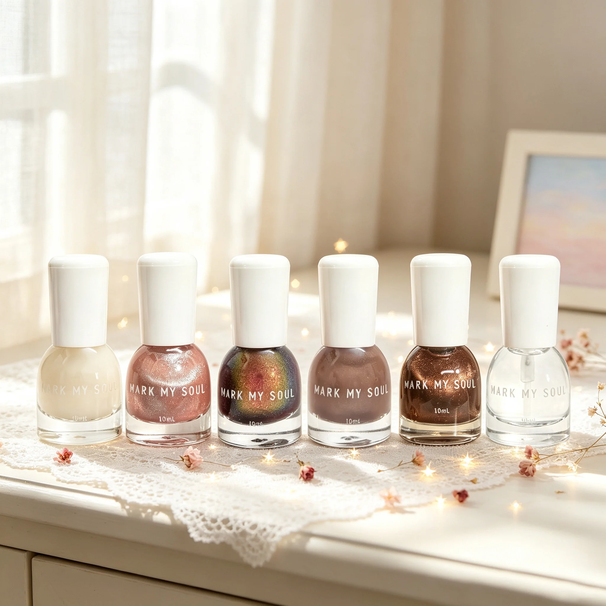 6 Pieces Milk Tea Earth Tone Iridescent Contrast Gilded Glass Shimmer Cat Eye, MARK MY SOUL No UV Lamp Cat Eye Nail Polish Set,