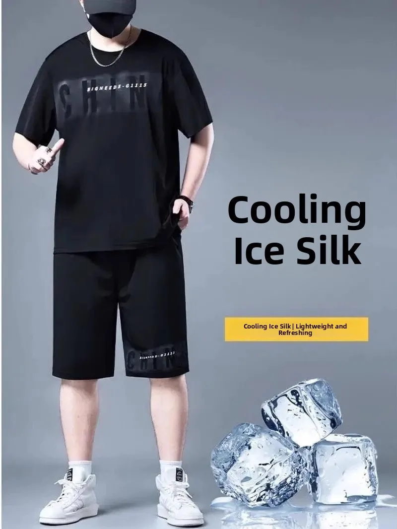 

Мужской летний комплект из ледяного шелка: футболка с коротким рукавом и шорты, большие размеры, тонкий, быстросохнущий, повседневный, спортивный, из полиэфирного волокна