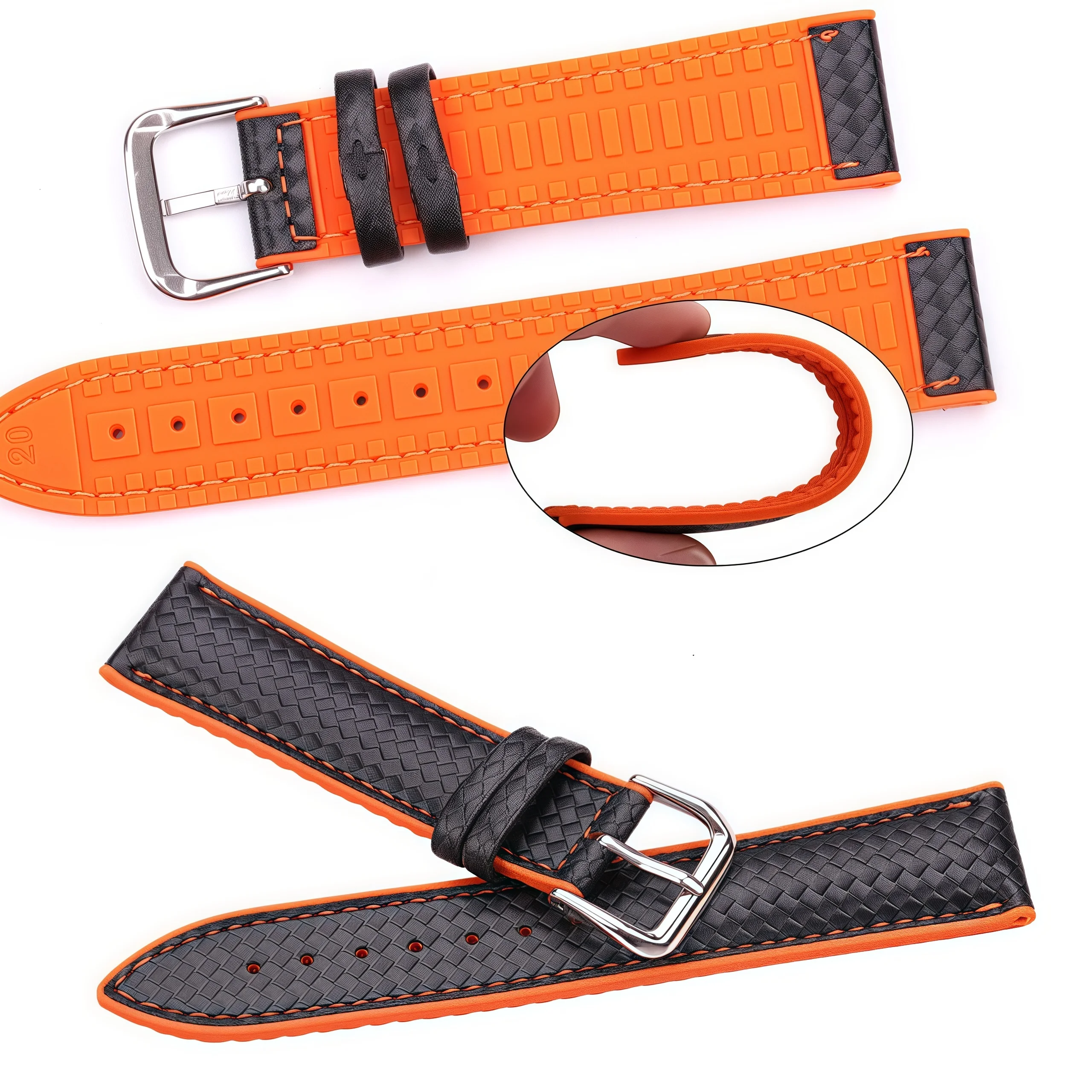 Watchbands Leather + Rubber Women Men 18mm 20mm 22mm Watch Strap Bracelet With Steel Buckle Black Yellow Orange
