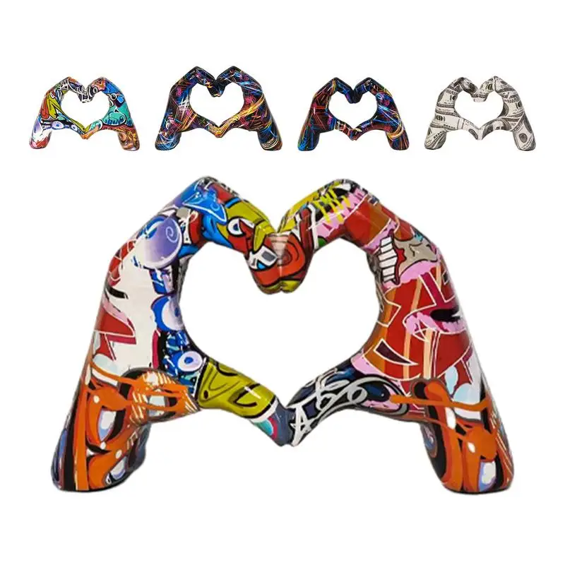 Heart Hands Sculpture Graffiti Hand Love Statue Wedding Ornaments Colorful Painting Heart Gesture Sculpture Art Figurines Statue