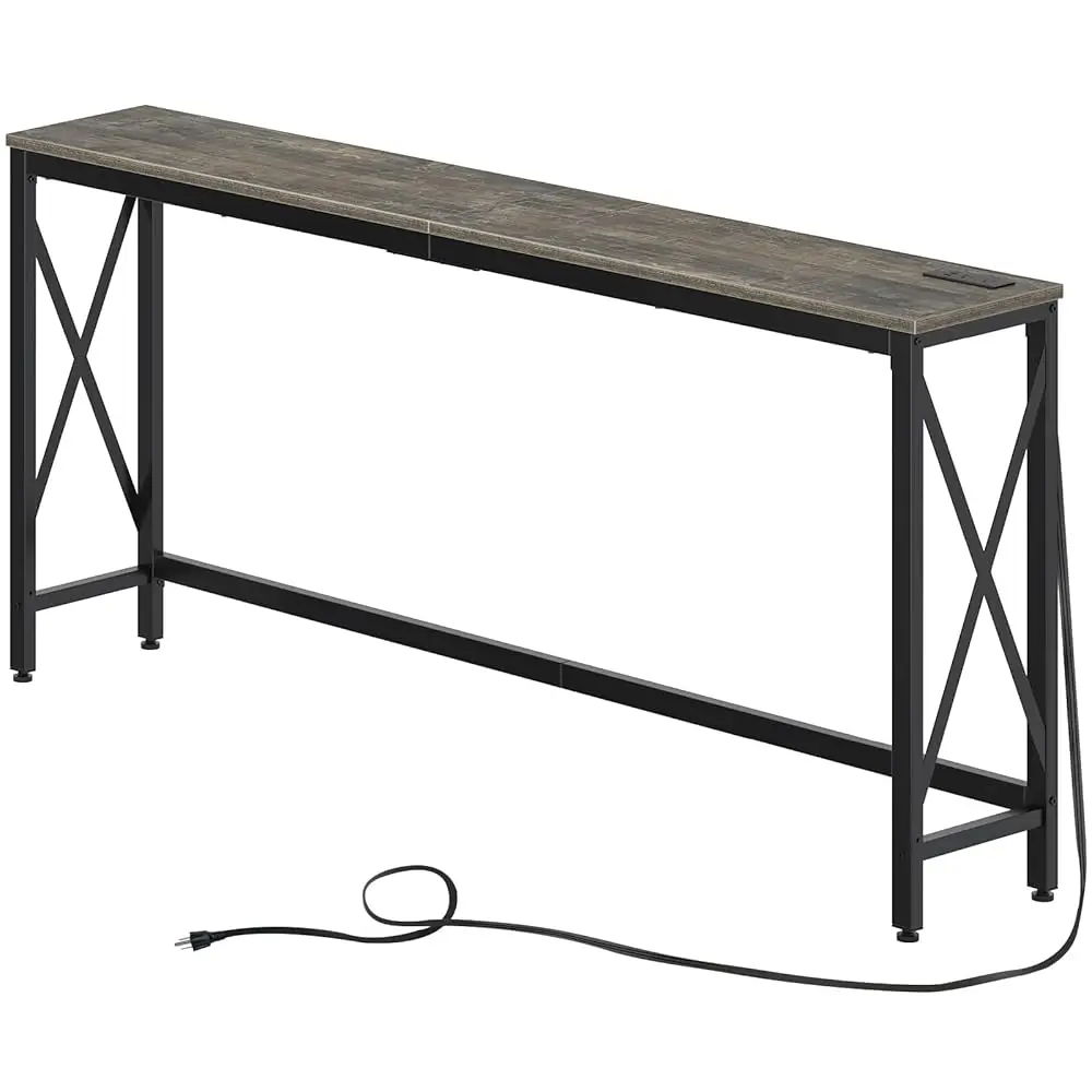 

Console Table With Power Outlet, Narrow Sofa Table, 70.8"" X 11.8"" Farmhouse Table Behind Sofa Couch Hallway Entrance For