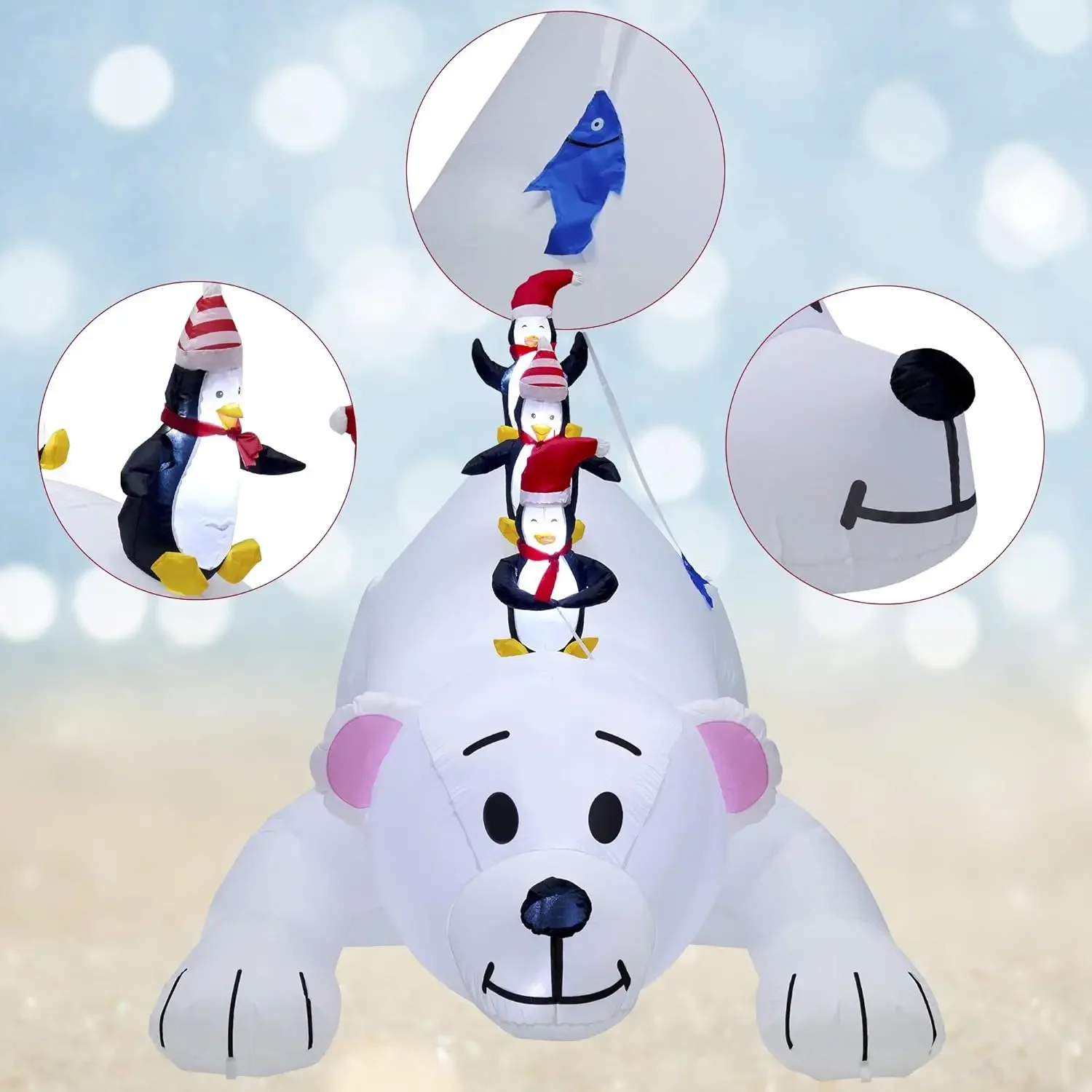 Christmas 7.7(L) x 6 FT(H) Inflatables Lighted Polar Bear with Three Penguins, Blow Up White Bear Happy Fishing Penguin