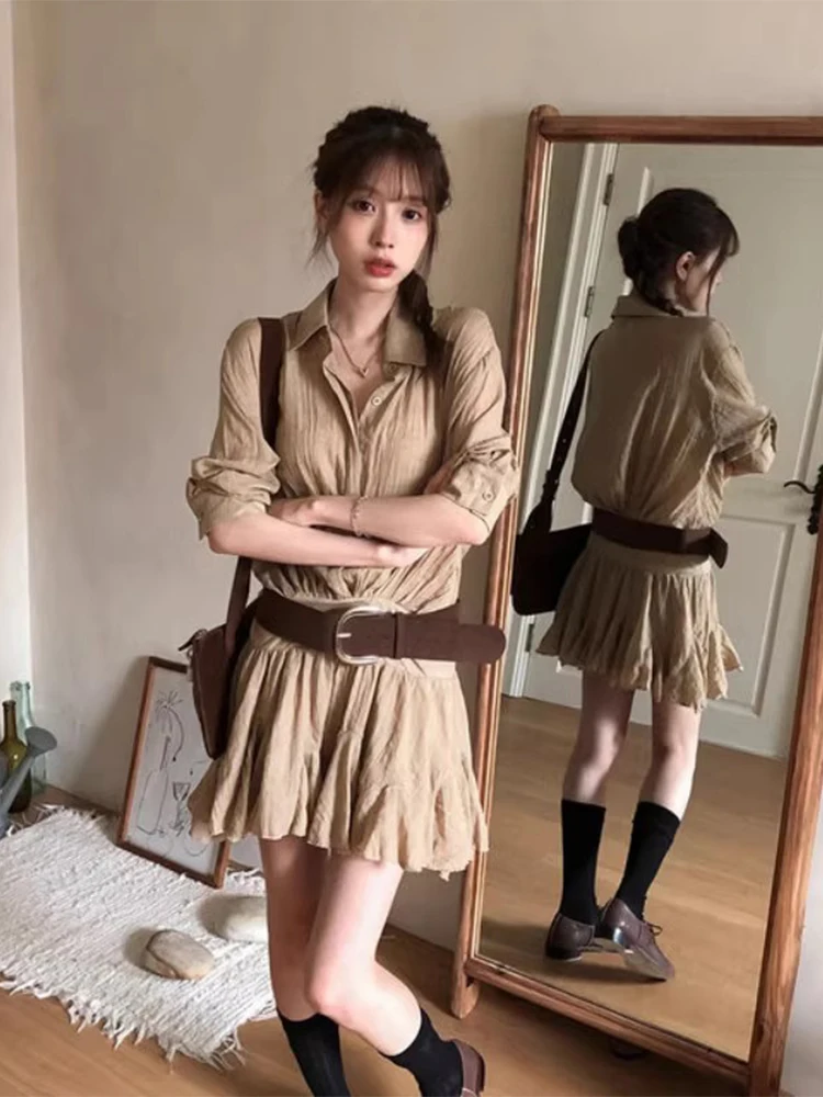 Clothland Women Sweet Solid Shirt Dress Belt Half Sleeve One Piece A Line Preppy Style Cute Fashion Mini Dresses QE208