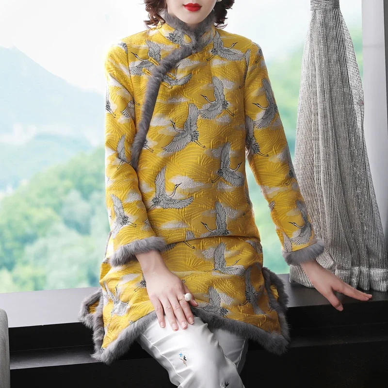 Fashion 2020 chinese traditional Midi dress elegant dresses qipao warm crane China new year cheongsam ff2506