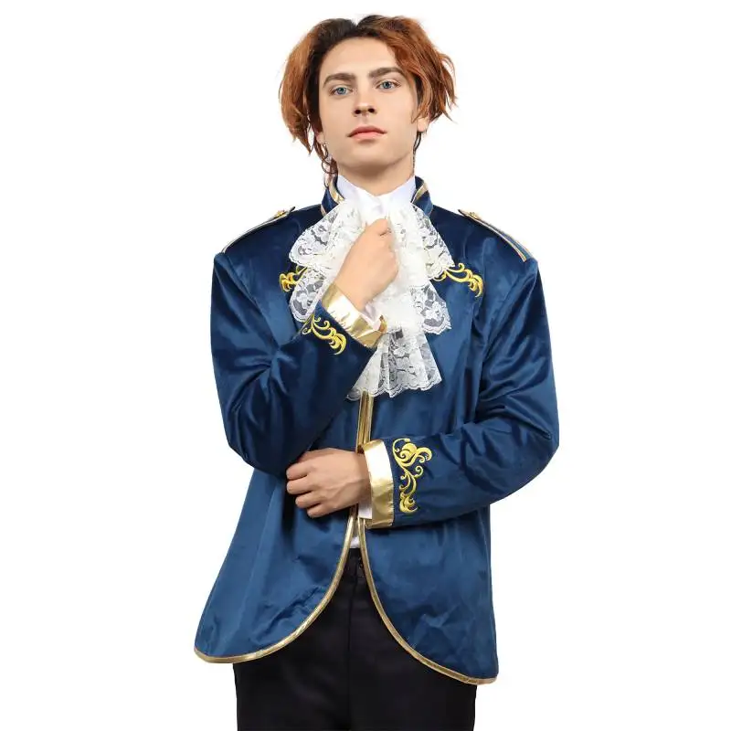 DAZCOS Mens Velvet Embroidery Blazer Medieval Suit Jacket Court Fashion Uniform Victorian Cosplay Ruff Collar Chiffon Mesh Ruffs