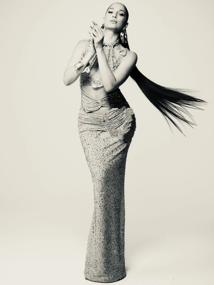 Sexy Neckholder, aushöhlen, Diamanten, langes Kleid für Damen, Rosenrot, ärmellos, Ausschnitt, Metallnadel, Kristall, figurbetonte Kleider, Abendclub