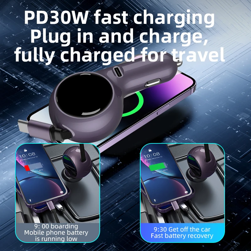 120 واط شاحن سيارة قابل للسحب المزدوج نوع-C شحن سريع مع USB C كابل سريع ولاعة السجائر محول آيفون هواوي سامسونج