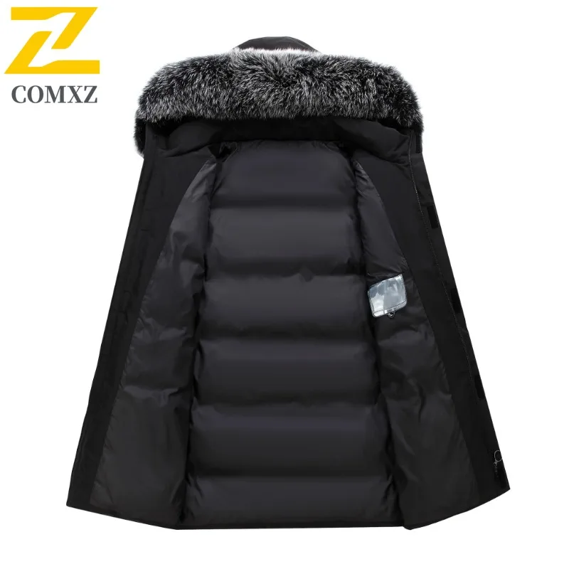 COMXZ جودة عالية سترة خارجية مقنعين الفراء طوق Coldproof يندبروف العمل مبطن سترة 2025 الثلوج وسيم الرجال الشتاء سترة