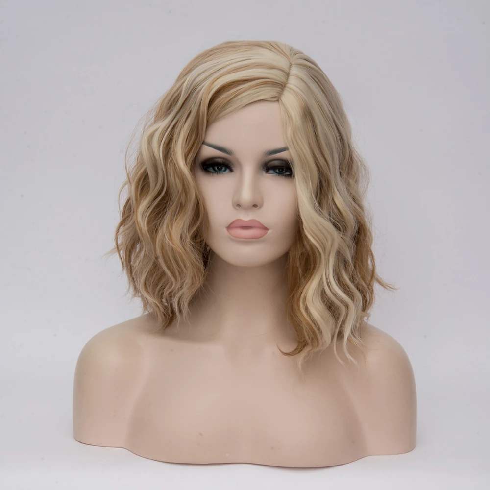 Women’s Heat Resistant Synthetic Short Wavy Bob Blonde Wig Blonde Side Part Style for Standout Halloween Cosplay Themed Looks