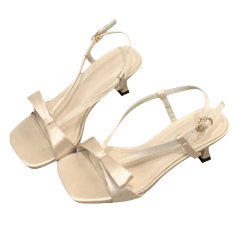 

Elegant Square Toe Bow Women Sandals Satin Back Strap Buckle kitten heel Slide Sandals Luxury fashion Designer Brand Dress Shoes