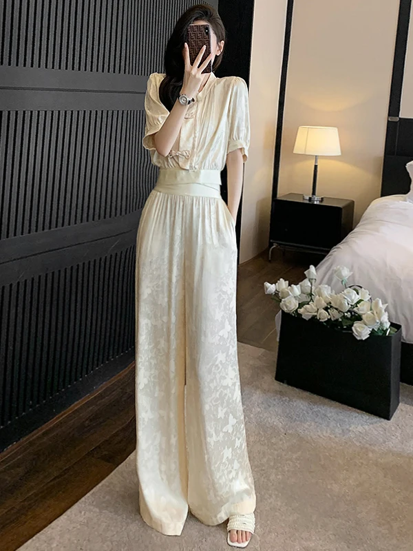

High-End Fashion Set Women's Summer New Chinese Style National Trend Waist-Cinching Short Sleeve Top Wide Leg Pants Two-Piece...