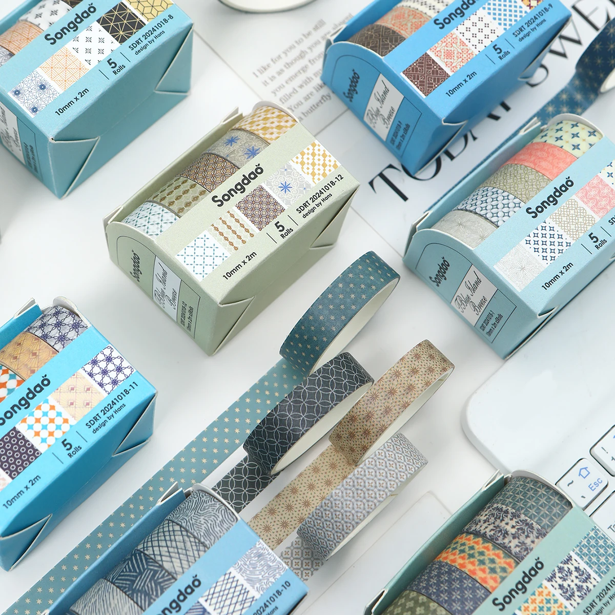5 Rollen Washi-Tape-Set mit geometrischem Muster, DIY-Scrapbooking- und Journaling-Zubehör, dekoratives Bastelgeschenk für Studenten