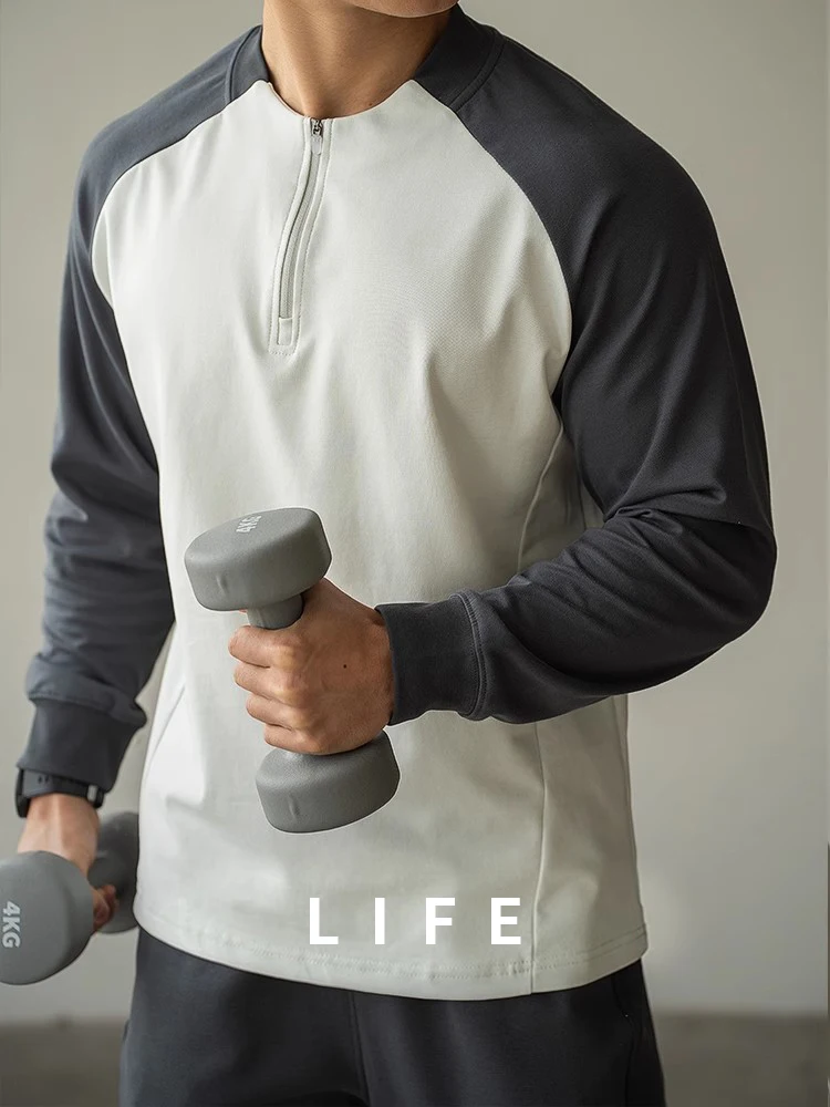 

Легкая быстросохнущая футболка на молнии для бега, мужская, для активного отдыха, с цветными вставками, с длинным рукавом, для фитнеса