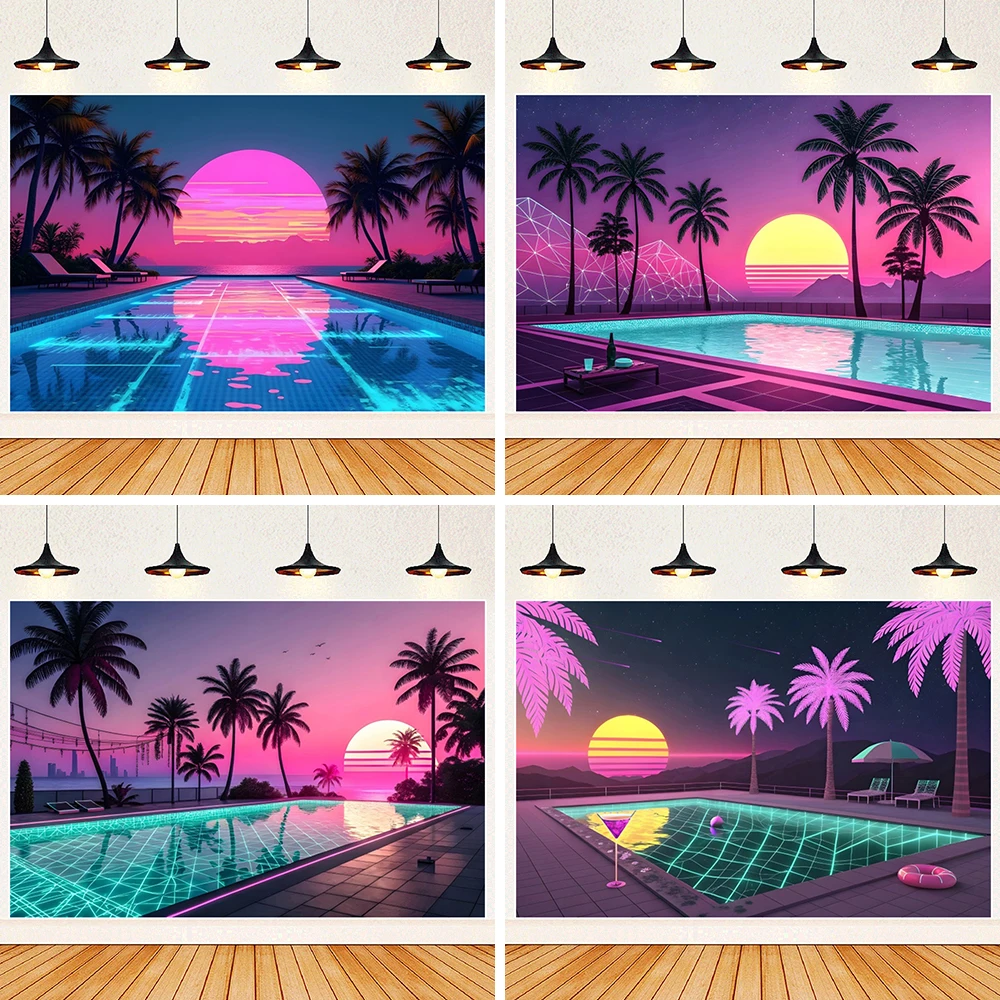Summer Pool Party Sunset Sfondo Neon Albero di cocco Ruota panoramica Vacanza hawaiana Festa di compleanno Sfondo Photo Booth Puntelli