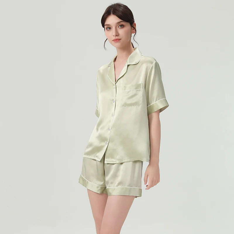 19MM 100% Natural Silk Short-sleeved Shorts Pajama Set Women's Summer Mulberry Silk Cardigan Nightwear Button Down Homewear PJS